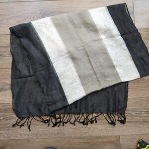 Cejon Lightweight Fringed Scarf Black White Cotton Silk Colorblock Large